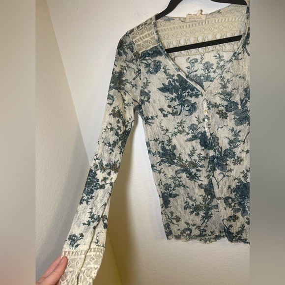 Denim & Supply Ralph Lauren Cream and Blue Long Sleeve Fitted Blouse - Picture 2 of 5